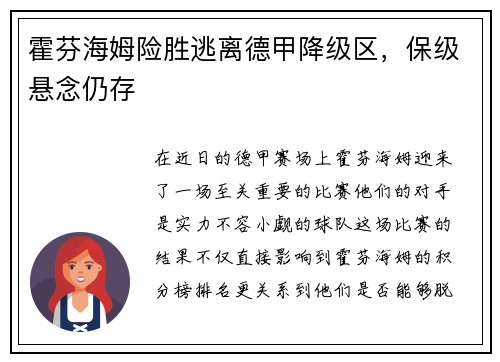 霍芬海姆险胜逃离德甲降级区，保级悬念仍存